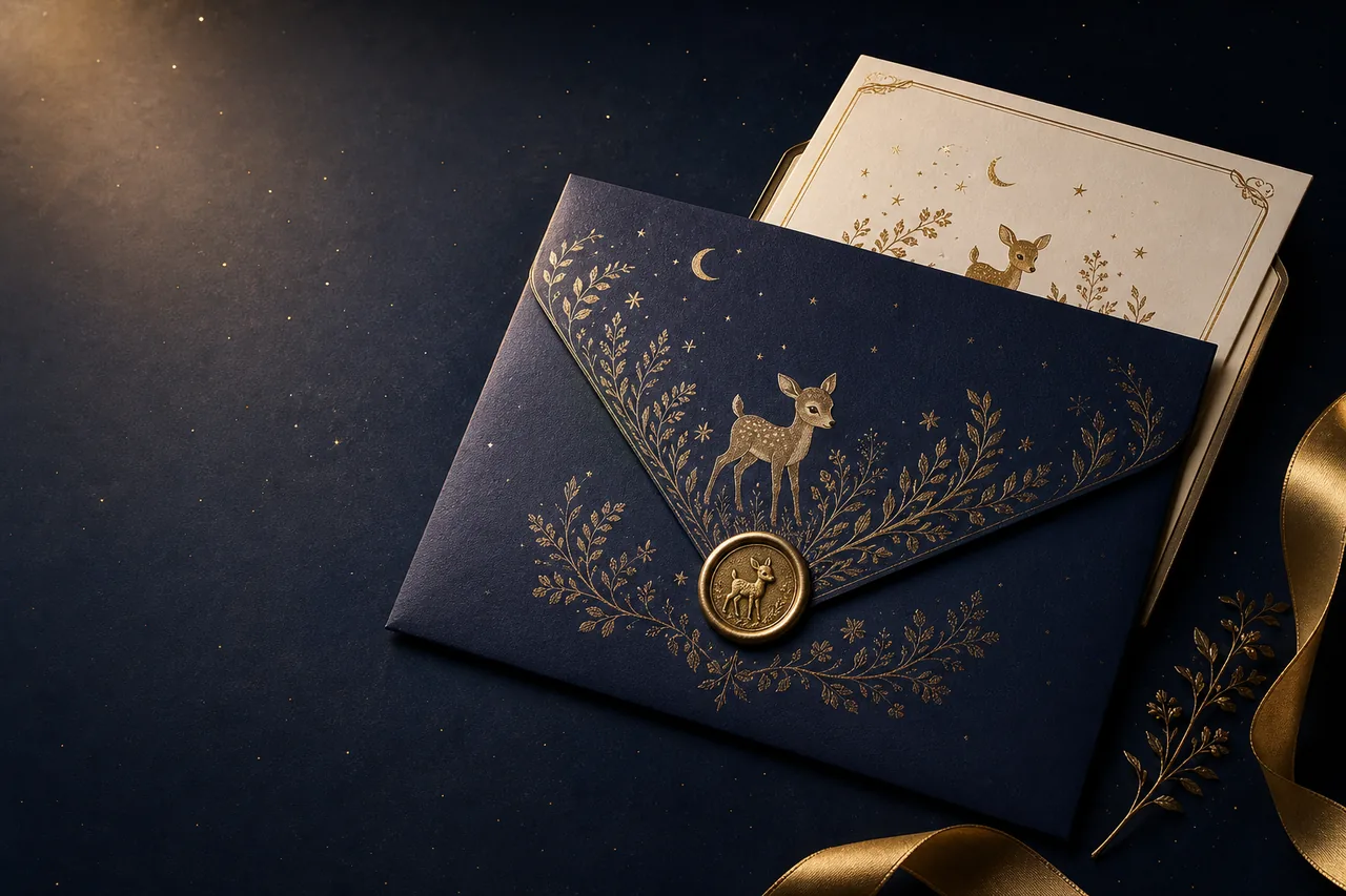 Concept for a grand Shalom Tales invitation in a substantial navy and gold envelope