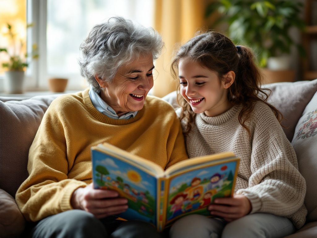 Grandparent and child reading Shalom Tales together